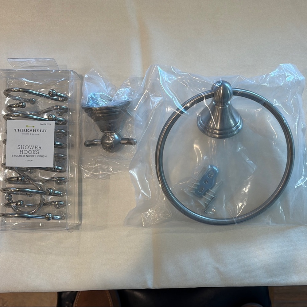 Brushed Nickel Towel Ring and Shower Hooks Set